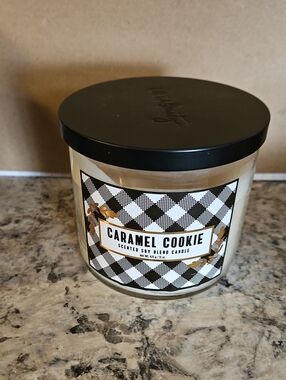 Ulta Beauty Caramel Cookie V2 Plaid Scented Soy Candle - White Wax, Black Text